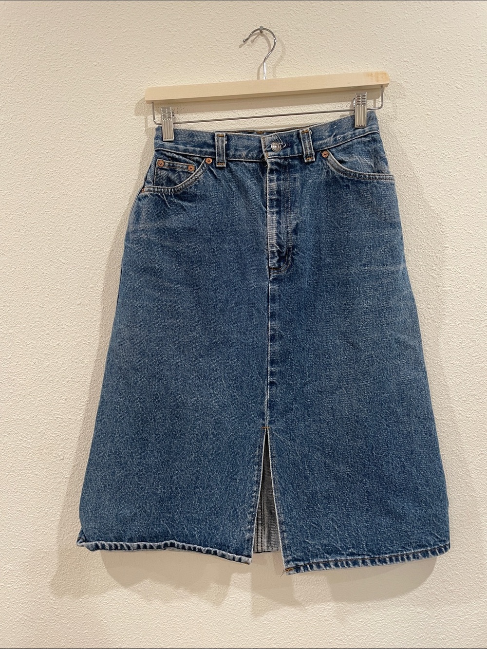Y2K 90’s Vintage Levi’s Orange Tag Blue Denim Midi Skirt with Front Slit XS